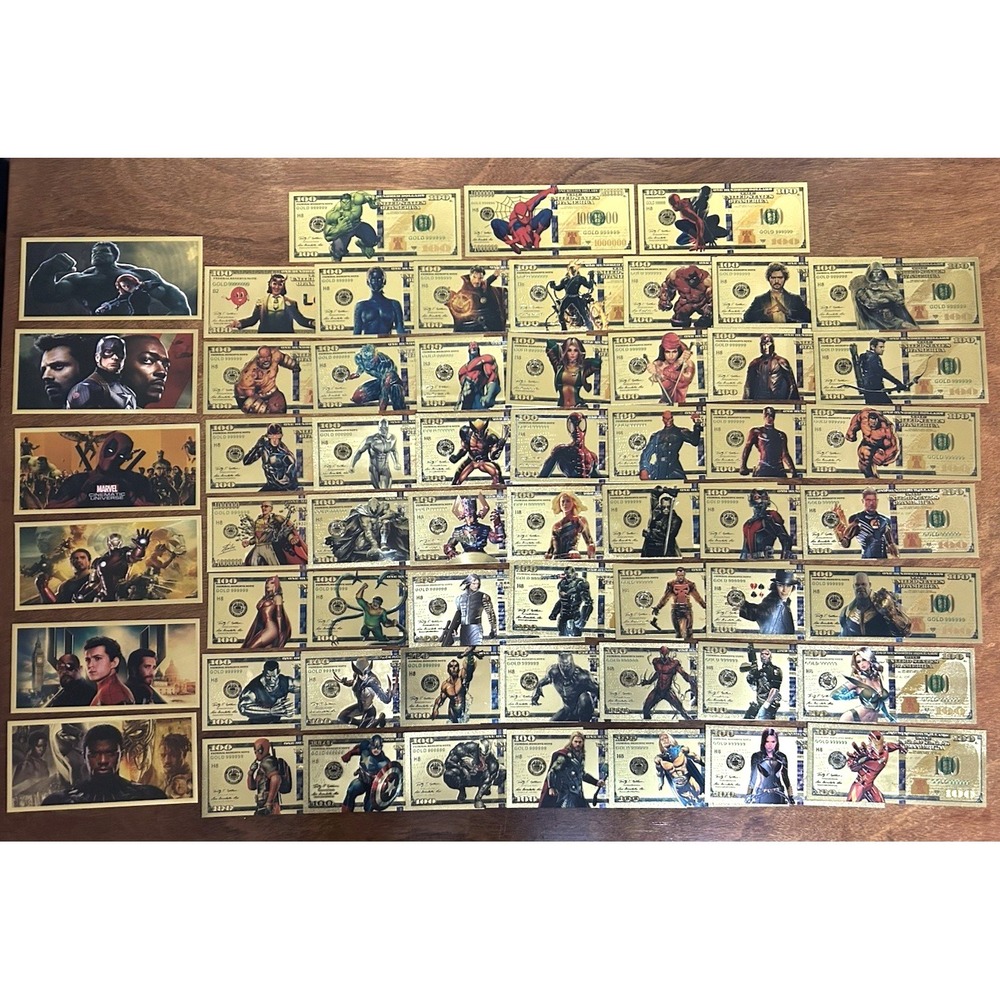 Ultra Rare 58 pc *COMPLETE* 24k Gold Foil Plated Marvel Super Hero Banknote Set